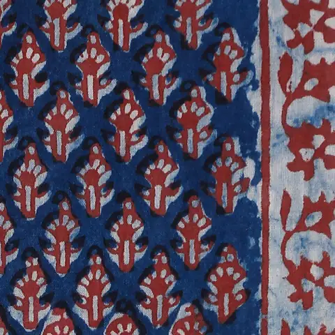 Bagru dabu block-printed cloth in indigo and alizarin, the repeating buti vocabulary that Bagru Code sets out to capture.