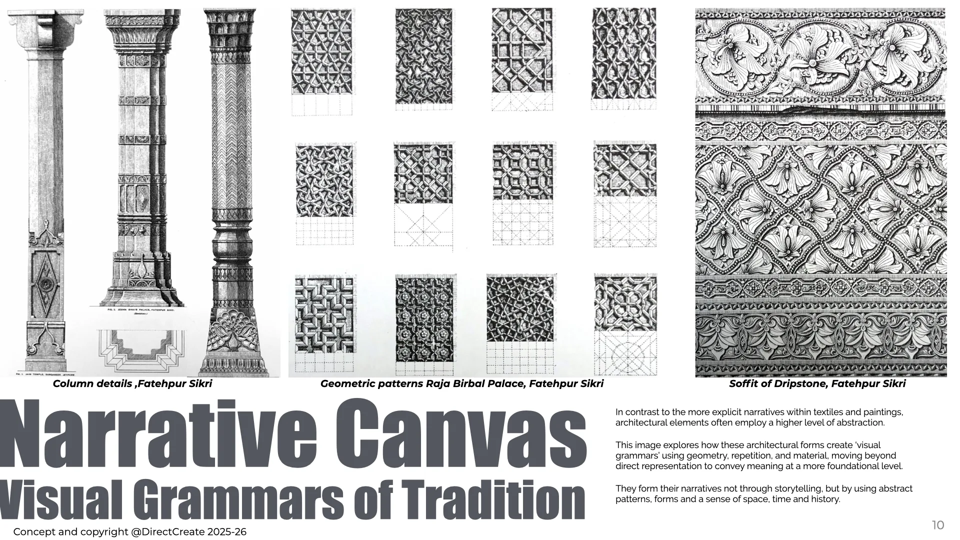 A Narrative Canvas slide reading architectural column, jali, and soffit patterns as a structured visual grammar.