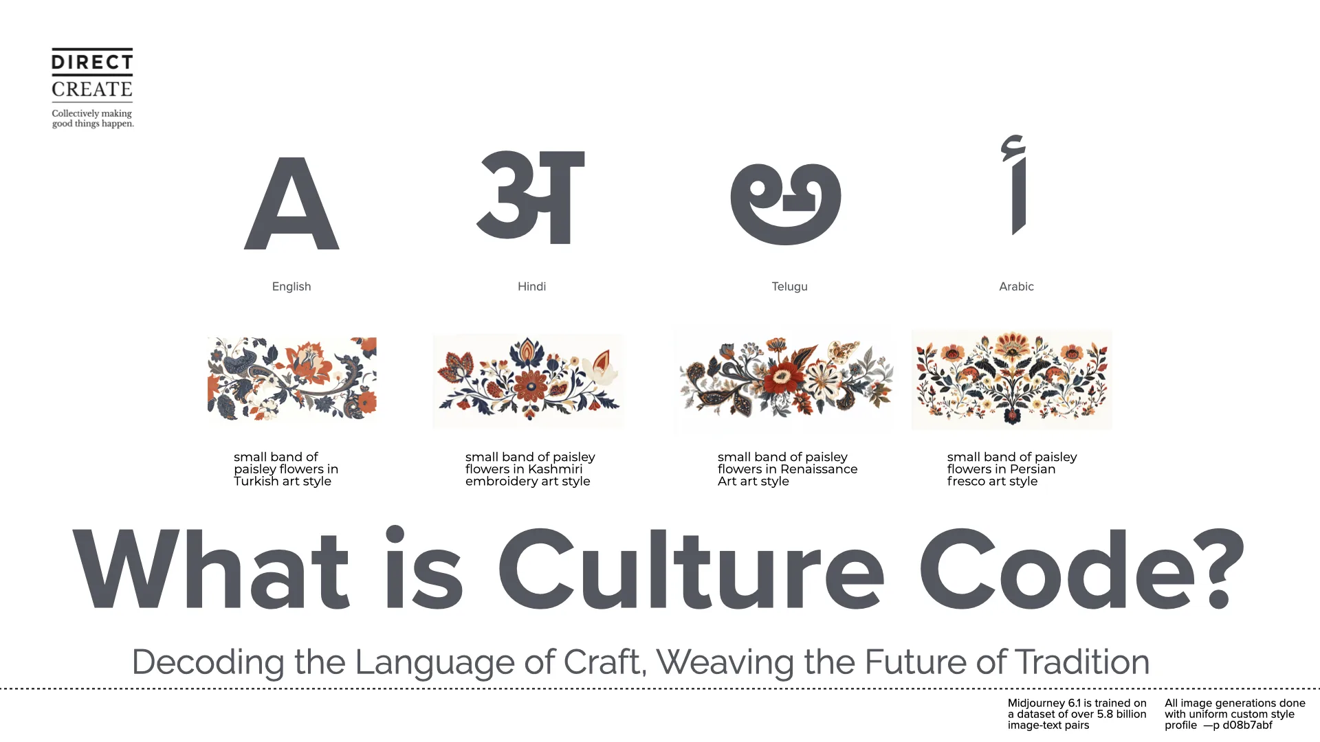 The Culture Code title in multiple scripts and craft patterns.