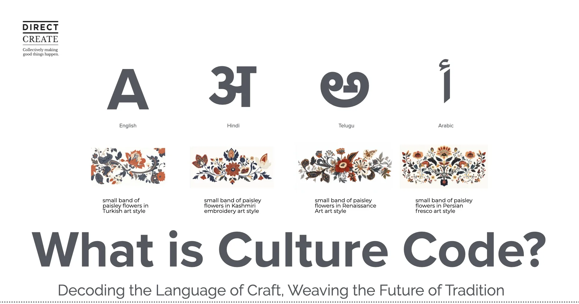 The Culture Code title slide in multiple scripts and craft patterns.