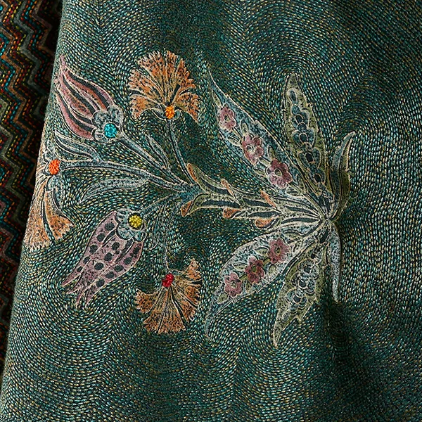 A Kantha textile, dense running stitches filling a teal ground and building floral motifs in soft natural colors.