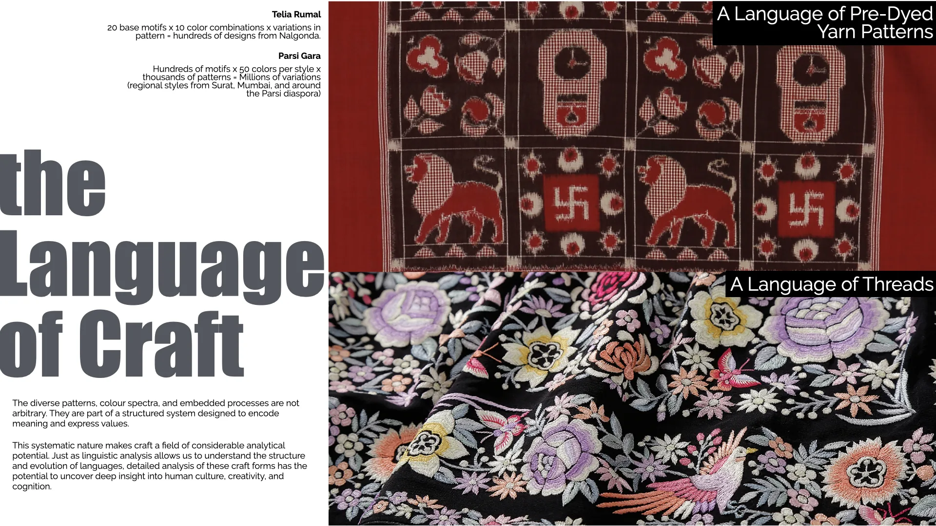 Language of Craft panels reading Telia Rumal and Parsi Gara as vocabulary, grammar, and expression.