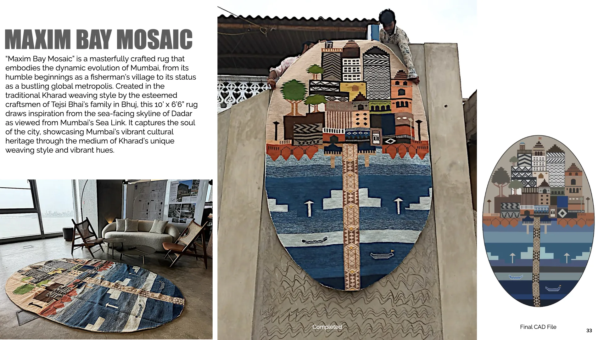 Maxim Bay Mosaic, the oval Kharad rug, mounted on a wall beside its final artwork and shown in a room: Mumbai's bay read from the Sea Link in Kharad's flat weave.