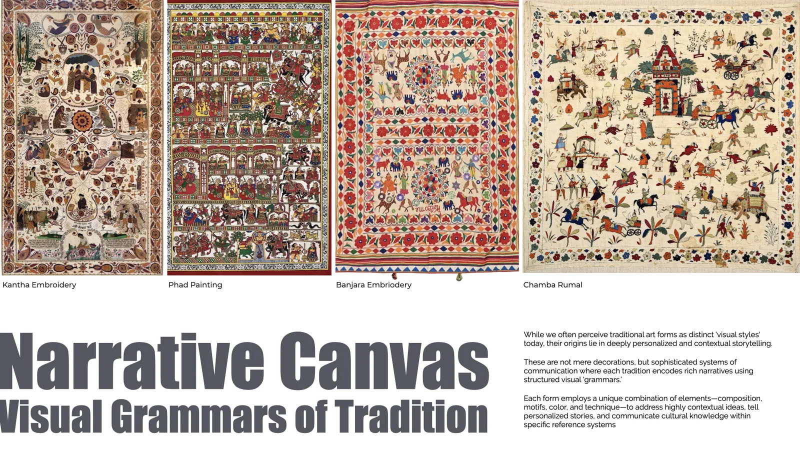 The Narrative Canvas grammars across Kantha, Phad, Banjara, and Chamba Rumal.