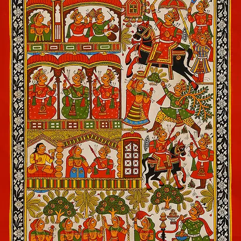 A Phad scroll painting packed with narrative figures and courtly scenes in red, green, and yellow within an ornamental border.